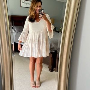 Cream Long Flare Sleeve Dress